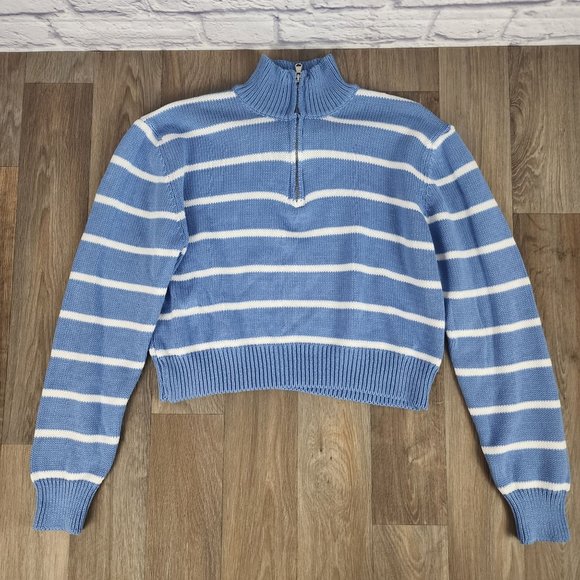 American Eagle Outfitters Sweaters - AE Studio Women's Size Medium 1/4 Zip Blue & White Striped Cropped Sweater